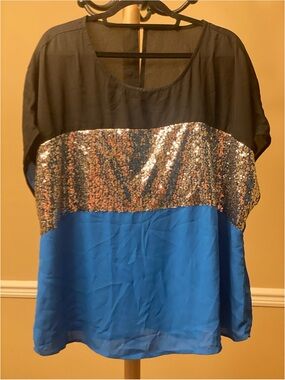 Plus Size Black, Blue & Silver Sequin Colorblock Blouse